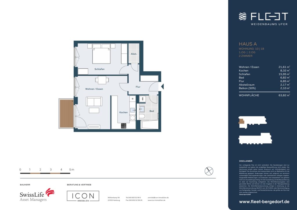 Grundriss einer 2-Zimmer-Neubauwohnung mit Wohn- und Essbereich, separater Küche, Schlafzimmer, Abstellraum und Balkon