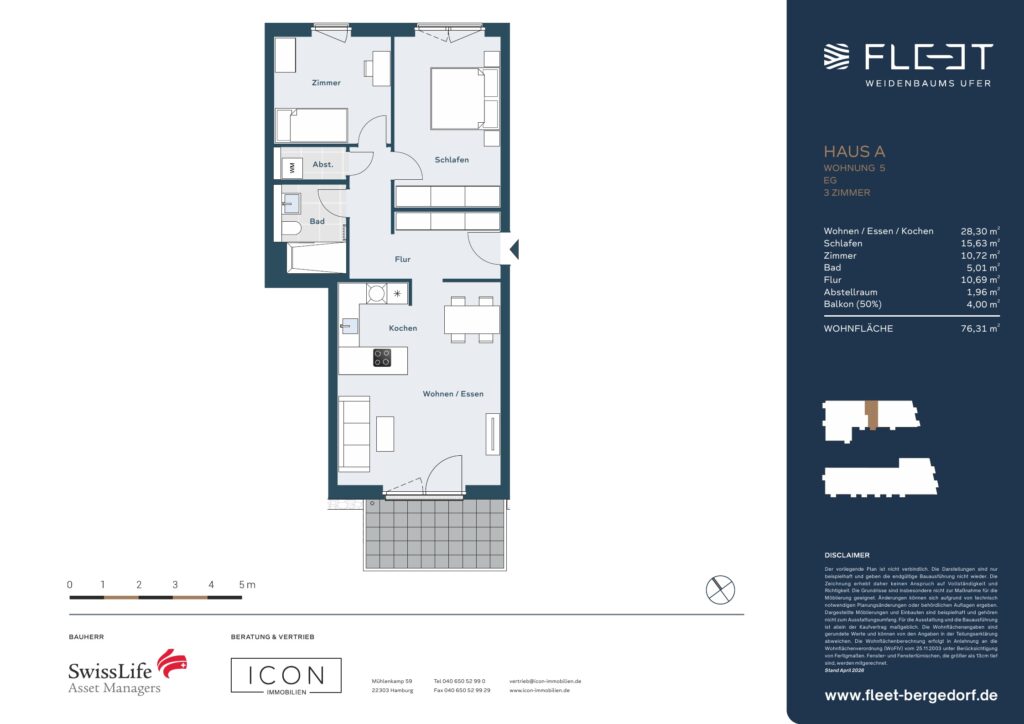 Grundriss einer 3-Zimmer-Wohnung mit offenem Wohn- und Essbereich, zwei Schlafzimmern, Balkon, Badezimmer und Abstellraum