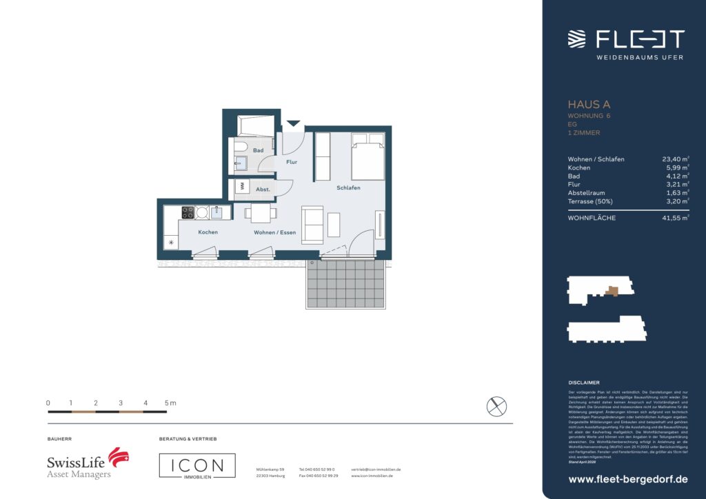 Grundriss eines modernen 1-Zimmer-Apartments im Erdgeschoss mit Wohn- und Schlafbereich, offener Küche, Terrasse und Abstellraum