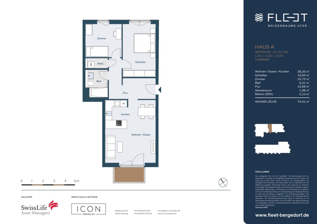 Grundriss einer 3-Zimmer-Neubauwohnung mit offenem Wohn-, Ess- und Kochbereich, Schlafzimmer, zusätzlichem Zimmer, Balkon und Abstellraum
