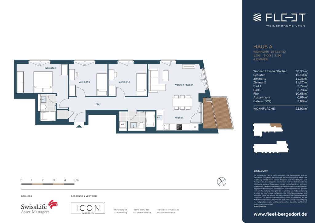 Grundriss einer 4-Zimmer-Neubauwohnung mit offenem Wohn- und Essbereich, Balkon, zwei Bädern und rund 93 Quadratmetern Wohnfläche