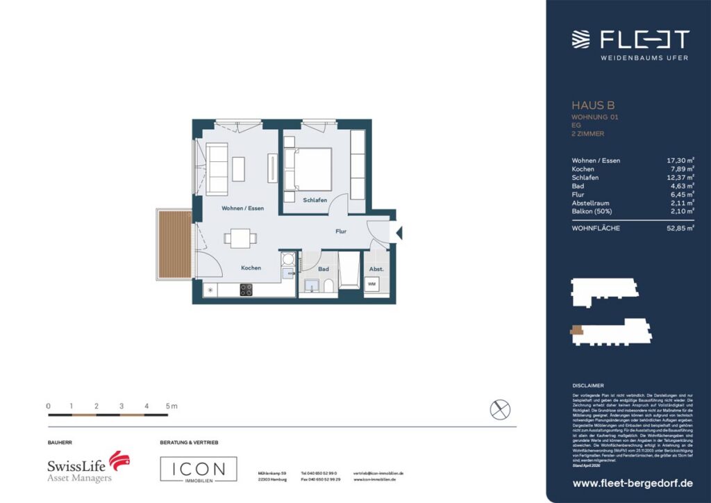 Grundriss einer 2-Zimmer-Eigentumswohnung im Erdgeschoss mit offenem Wohn- und Essbereich, Küche, Schlafzimmer, Badezimmer, Abstellraum und Balkon in Hamburg-Bergedorf.