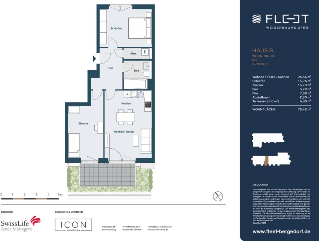3-Zimmer-Erdgeschosswohnung mit Terrasse im Fleet Weidenbaums Ufer