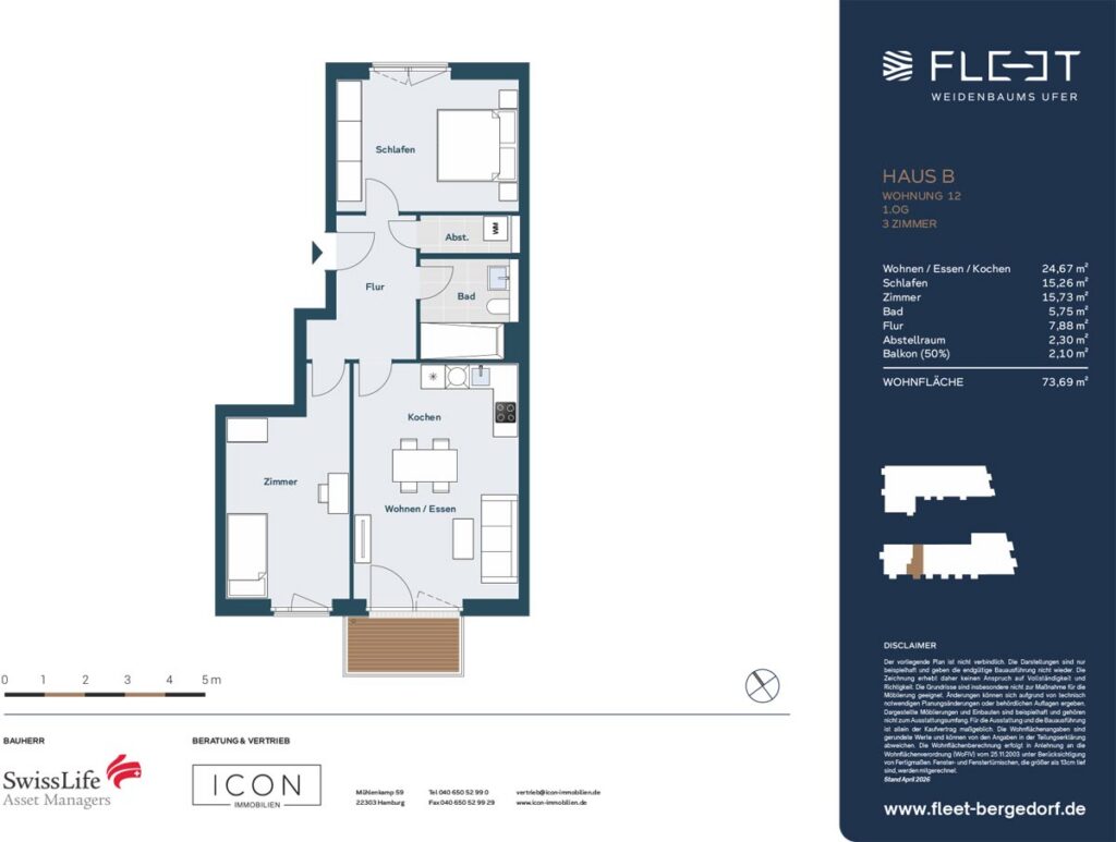 Grundriss einer 3-Zimmer-Wohnung mit Wohn-, Ess- und Kochbereich, Schlafzimmer, zusätzlichem Zimmer, Badezimmer, Abstellraum und Balkon im Quartier Fleet Weidenbaums Ufer.