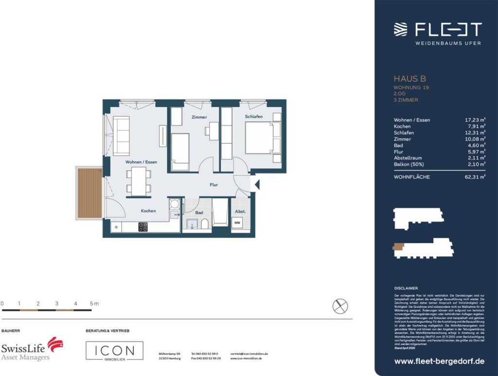 Grundriss einer 3-Zimmer-Eigentumswohnung mit offenem Wohn- und Essbereich, Küche, Schlafzimmer, zusätzlichem Zimmer, Badezimmer, Abstellraum und Balkon in Hamburg-Bergedorf.