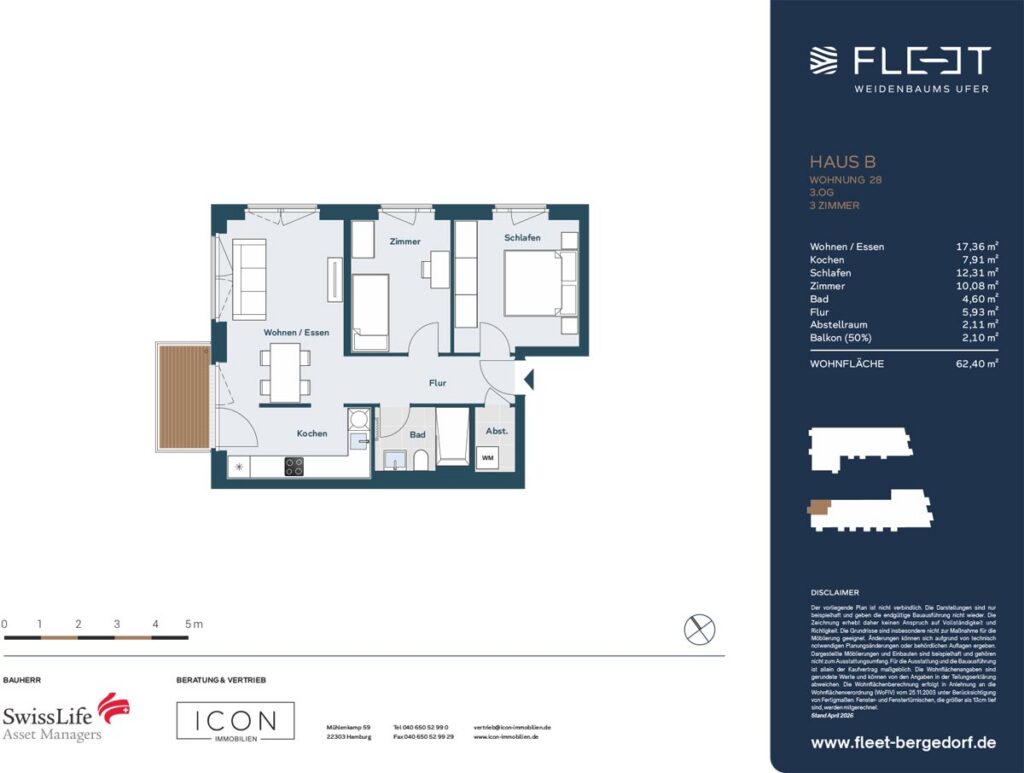 Grundriss einer modernen 3-Zimmer-Wohnung mit zwei Schlafräumen, offenem Wohn- und Essbereich, Küche, Badezimmer, Abstellraum und Balkon im Wohnquartier Fleet Weidenbaums Ufer.