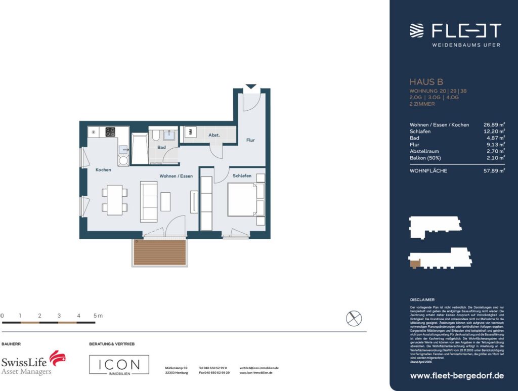 Grundriss der 2-Zimmer-Wohnung 20 im Haus B des Wohnprojekts Fleet Weidenbaums Ufer in Hamburg-Bergedorf mit 57,89 m² Wohnfläche, großzügigem Wohnbereich, offener Küche, Schlafzimmer, Bad, Abstellraum und Balkon.
