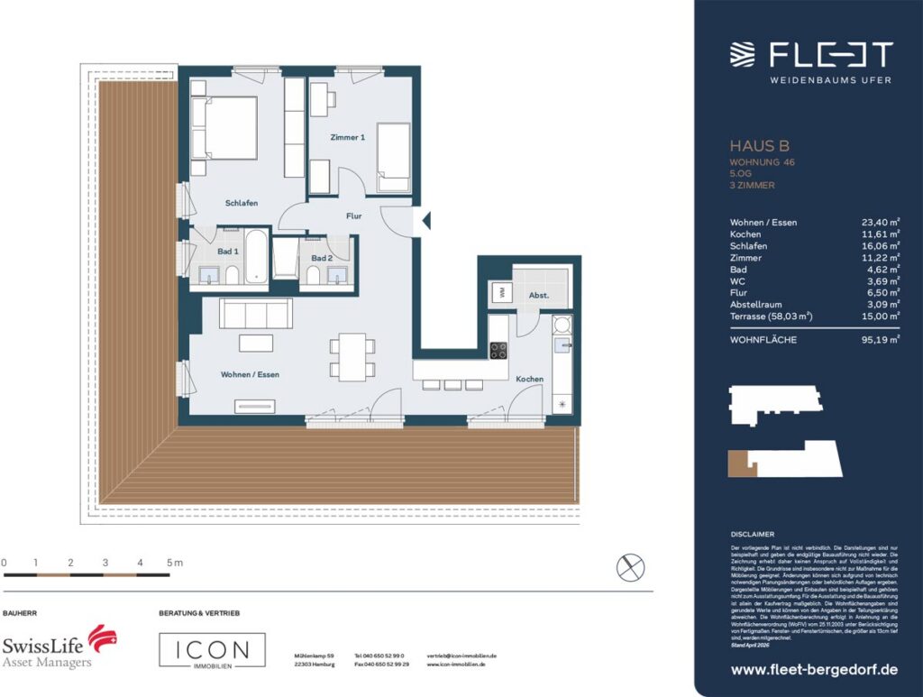 Grundriss einer hochwertigen 3-Zimmer-Penthousewohnung mit offenem Wohn- und Essbereich, separater Küche, zwei Bädern, Schlafzimmer, zusätzlichem Zimmer und großzügiger Dachterrasse in Hamburg-Bergedorf.