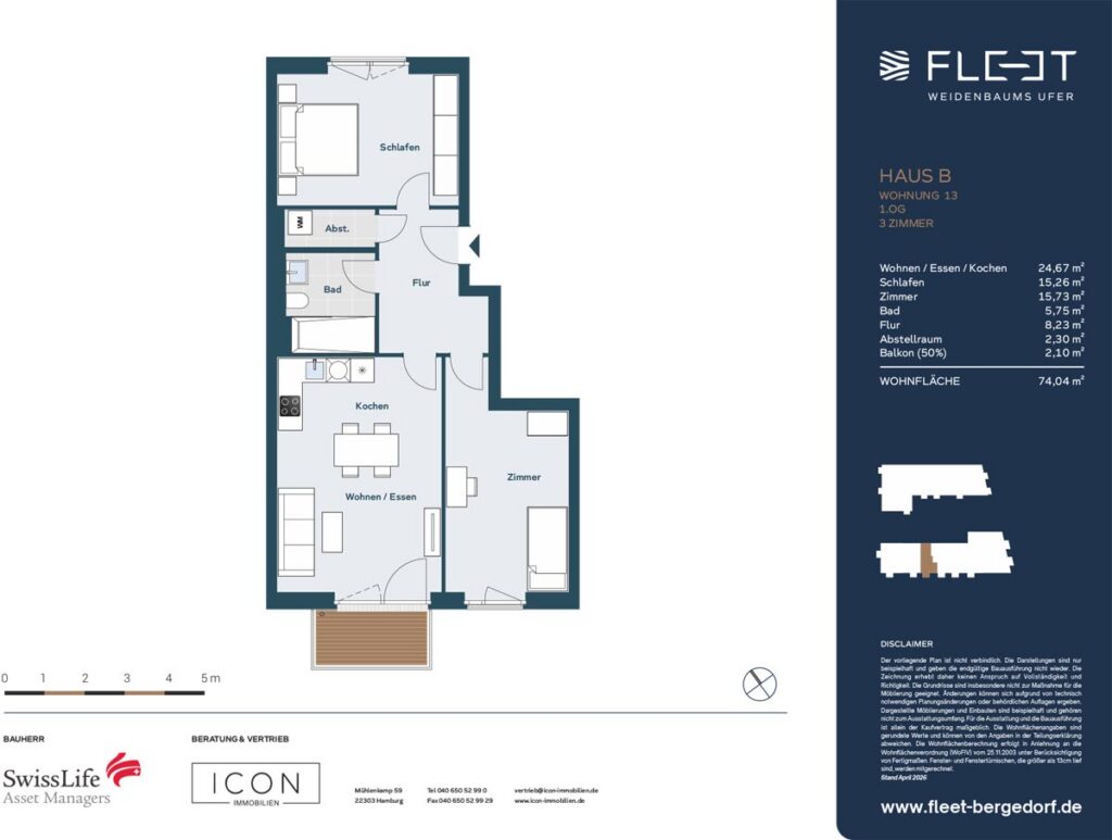 Grundriss einer 3-Zimmer-Eigentumswohnung mit offenem Wohn-, Ess- und Kochbereich, Schlafzimmer, zusätzlichem Zimmer, Badezimmer, Abstellraum und Balkon in Hamburg-Bergedorf.