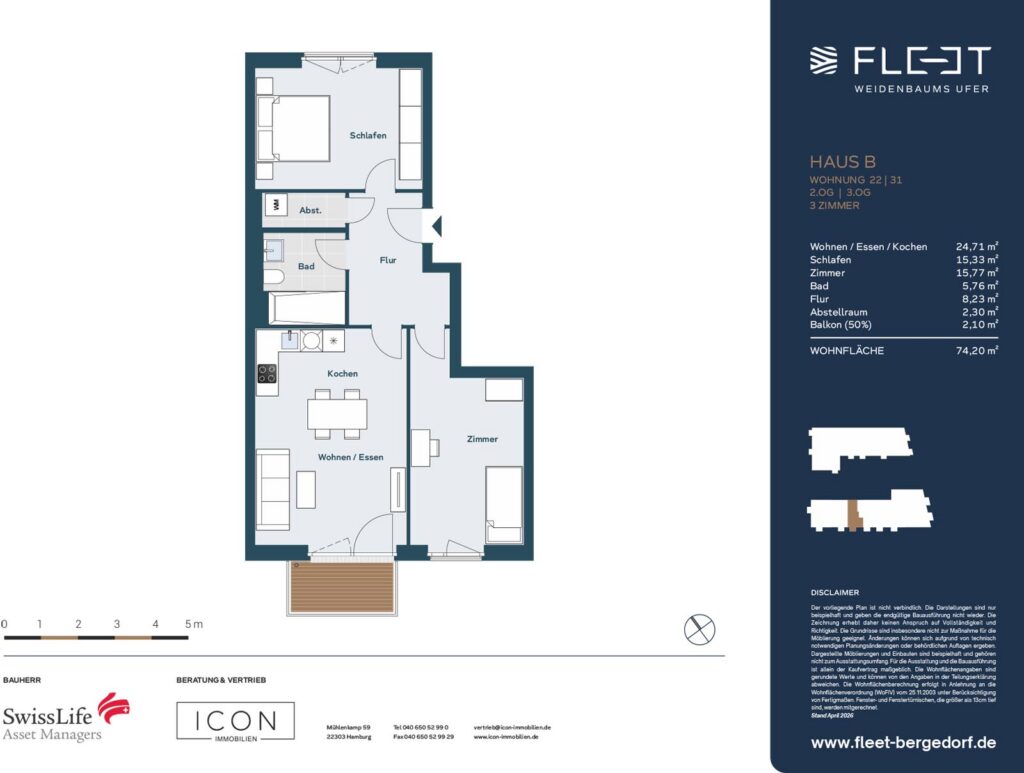 Grundriss der 3-Zimmer-Wohnung 22/31 im Haus B des Neubauprojekts Fleet Weidenbaums Ufer in Hamburg-Bergedorf mit 74,20 m² Wohnfläche, offenem Wohn- und Essbereich mit Küche, Schlafzimmer, zusätzlichem Zimmer, Bad, Abstellraum, Flur und Balkon.