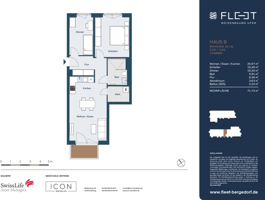 Grundriss einer 3-Zimmer-Wohnung mit zwei Schlafräumen, Wohn- und Essbereich, Küche, Badezimmer, Abstellraum und Balkon im Fleet Weidenbaums Ufer.