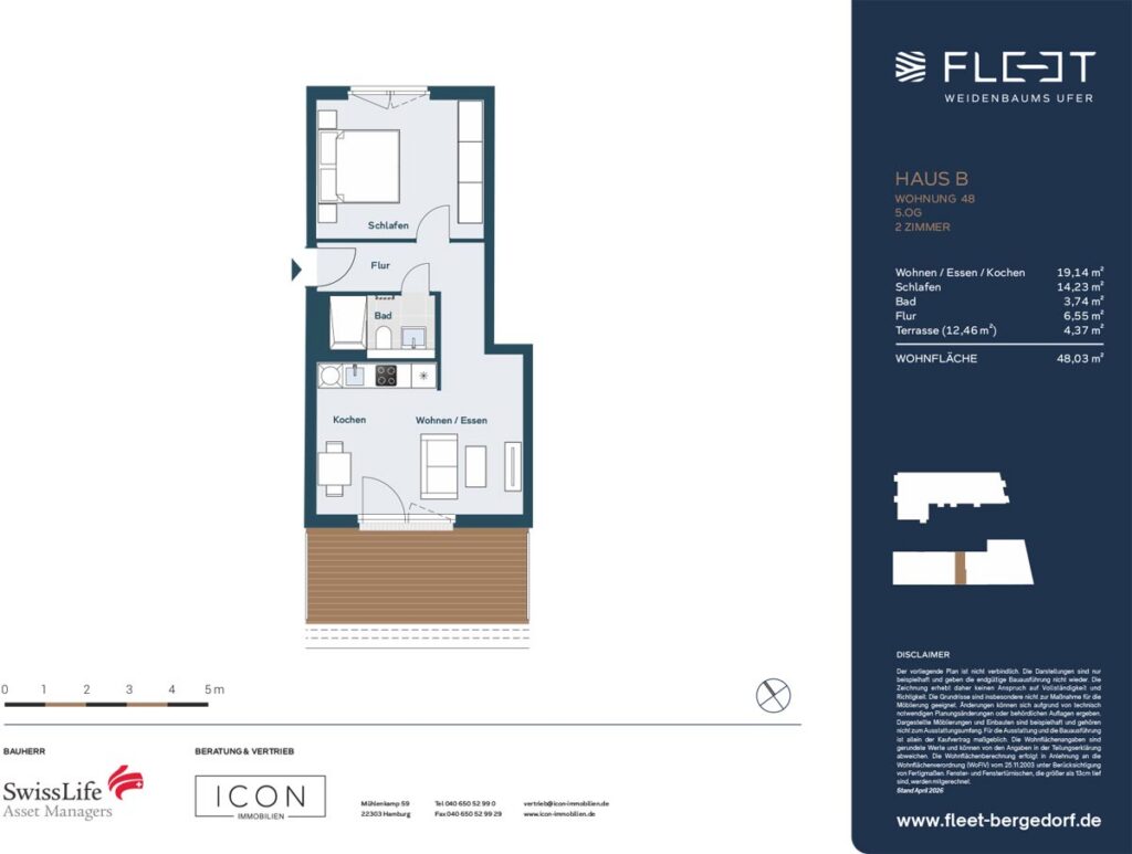 Grundriss einer 2-Zimmer-Wohnung im Fleet Weidenbaums Ufer mit Schlafzimmer, offenem Wohn-, Ess- und Kochbereich, Bad und großzügiger Terrasse