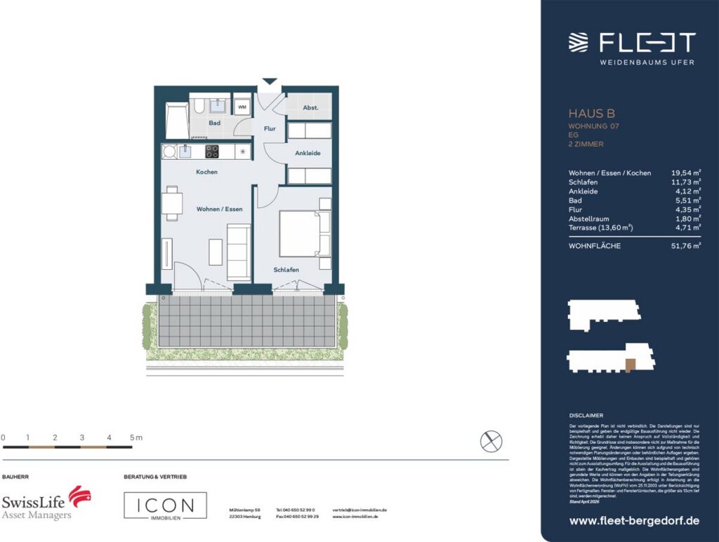 Grundriss einer 2-Zimmer-Eigentumswohnung mit offenem Wohn- und Essbereich, Küche, Schlafzimmer, Ankleide, Badezimmer, Abstellraum und großzügiger Terrasse im Fleet Weidenbaums Ufer.