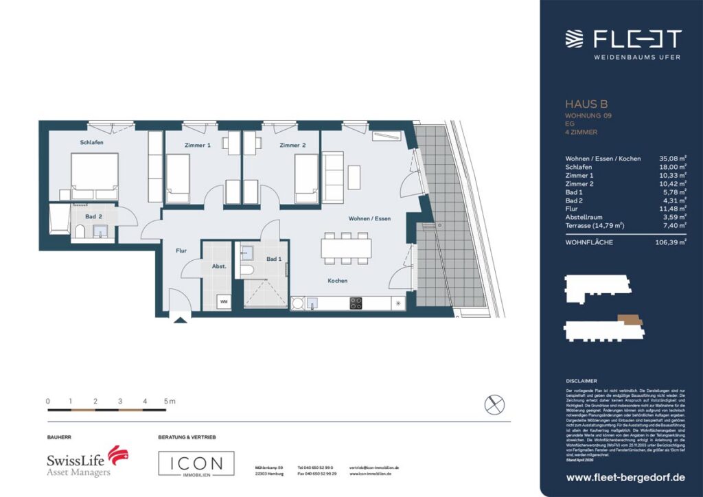 Grundriss einer modernen 4-Zimmer-Wohnung mit offenem Wohn-, Ess- und Kochbereich, drei Schlafzimmern, zwei Badezimmern, Abstellraum und großer Terrasse in Hamburg-Bergedorf.