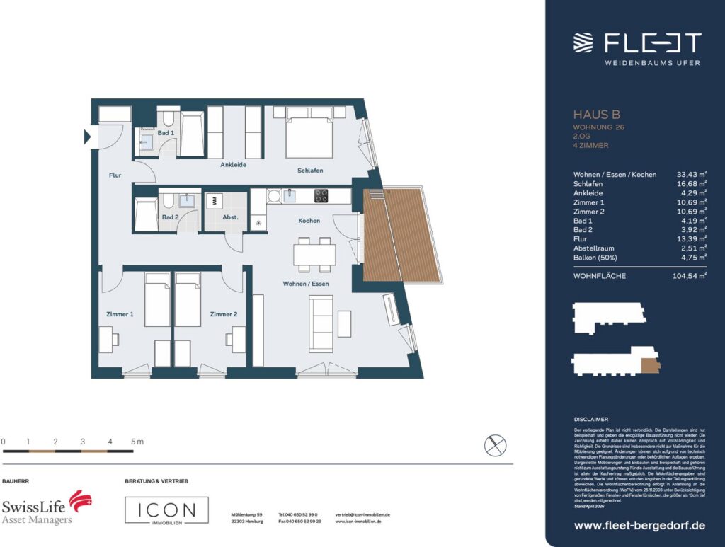 Grundriss der 4-Zimmer-Wohnung 26 im Haus B von Fleet Weidenbaums Ufer in Hamburg-Bergedorf mit 104,54 m² Wohnfläche, großzügigem Wohn- und Essbereich, offener Küche, Schlafzimmer mit Ankleide, zwei weiteren Zimmern, zwei Bädern, Abstellraum und Balkon.