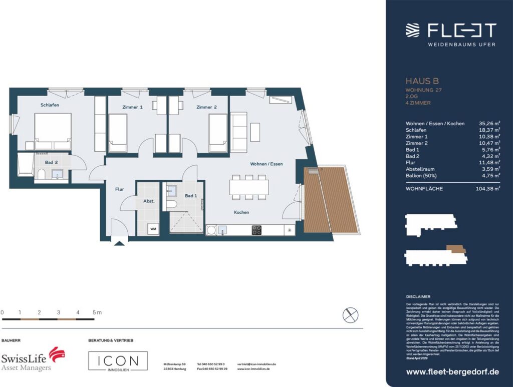 Grundriss einer großzügigen 4-Zimmer-Eigentumswohnung mit offenem Wohn-, Ess- und Kochbereich, drei Schlafzimmern, zwei Badezimmern, Abstellraum und Balkon im Wohnquartier Fleet Weidenbaums Ufer.