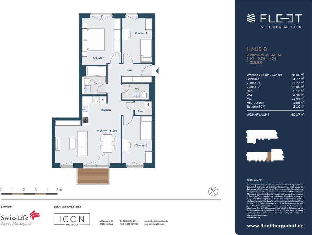 Grundriss einer 4-Zimmer-Eigentumswohnung mit offenem Wohn-, Ess- und Kochbereich, drei Schlafzimmern, Badezimmer, Gäste-WC, Abstellraum und Balkon in Hamburg-Bergedorf.