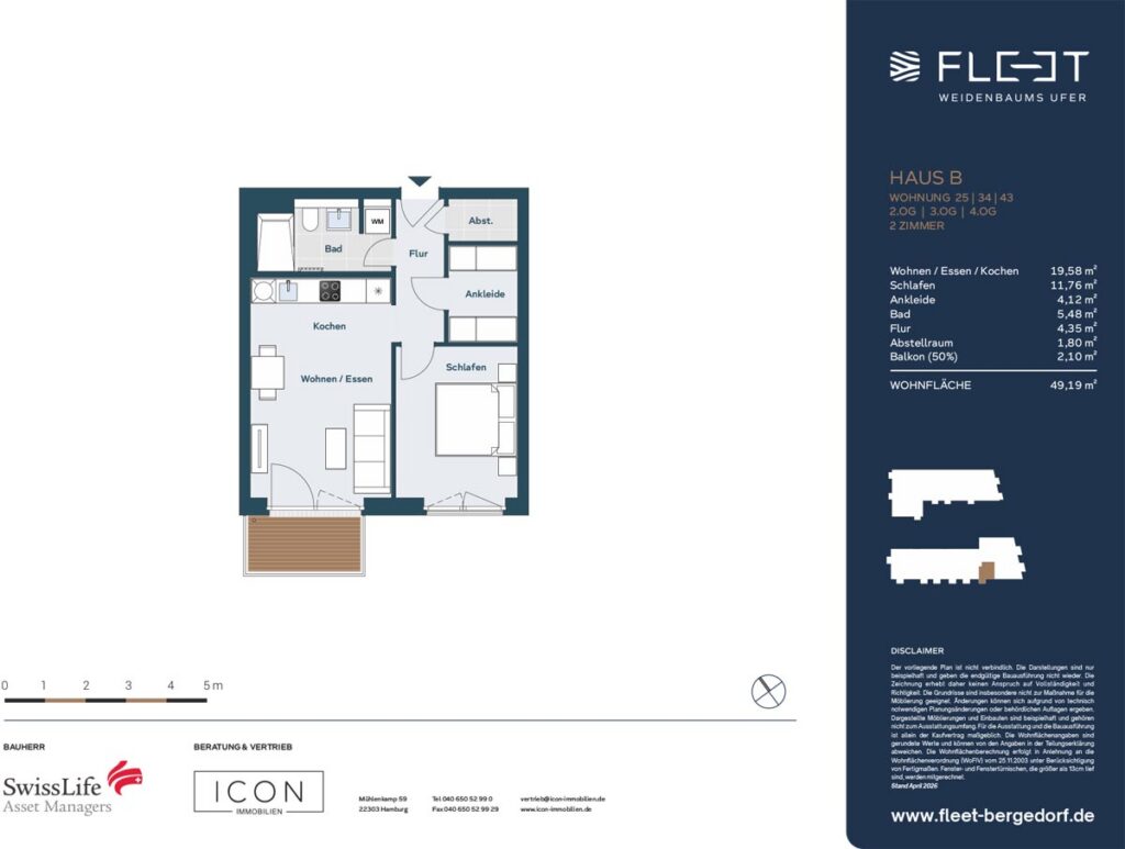 Grundriss einer 2-Zimmer-Eigentumswohnung mit offenem Wohn-, Ess- und Kochbereich, Schlafzimmer, separater Ankleide, Badezimmer, Abstellraum und Balkon in Hamburg-Bergedorf.