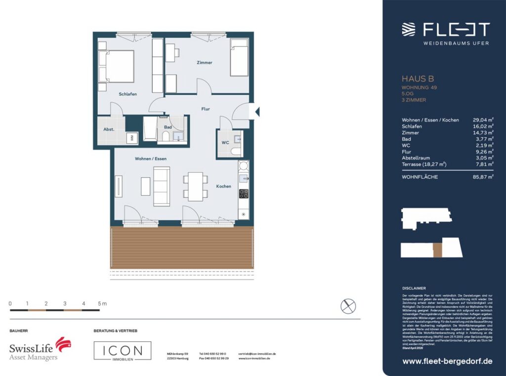 Grundriss einer 3-Zimmer-Penthousewohnung mit großem Wohn- und Essbereich, Küche, Schlafzimmer, zusätzlichem Zimmer, Badezimmer, Gäste-WC, Abstellraum und großzügiger Dachterrasse in Hamburg-Bergedorf.