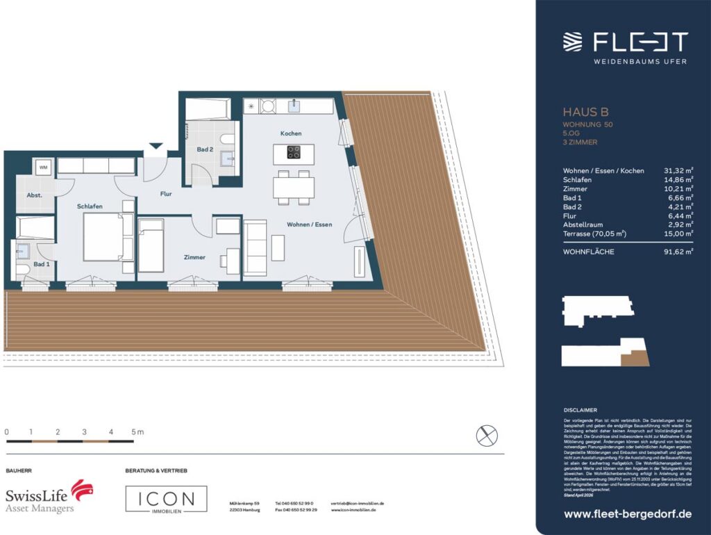 Grundriss einer 3-Zimmer-Penthousewohnung mit offenem Wohn-, Ess- und Kochbereich, zwei Bädern, Schlafzimmer, zusätzlichem Zimmer, Abstellraum und großzügiger Dachterrasse im Fleet Weidenbaums Ufer.