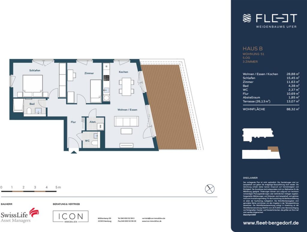 Grundriss einer modernen 3-Zimmer-Penthousewohnung mit großem Wohn- und Essbereich, Küche, Schlafzimmer, zusätzlichem Zimmer, Badezimmer, Gäste-WC, Abstellraum und Dachterrasse im Fleet Weidenbaums Ufer.